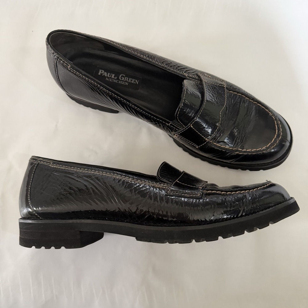 Paul Green Black Patent Leather Penny Loafers Size UK 7.5 US 10 Soft Comfort